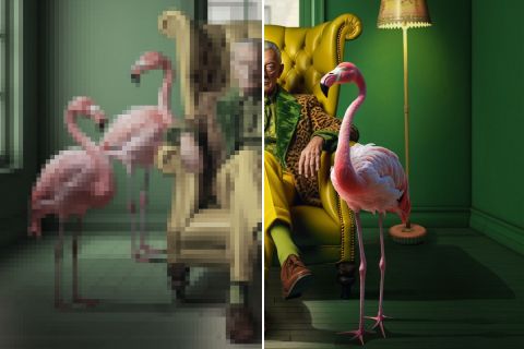 Illustrative comparison of flamingos in a green room, with a pixelated left side and a clearer right side