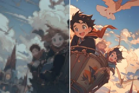 Illustrative anime comparison with pixelated outlines on the left and clearer line art on the right