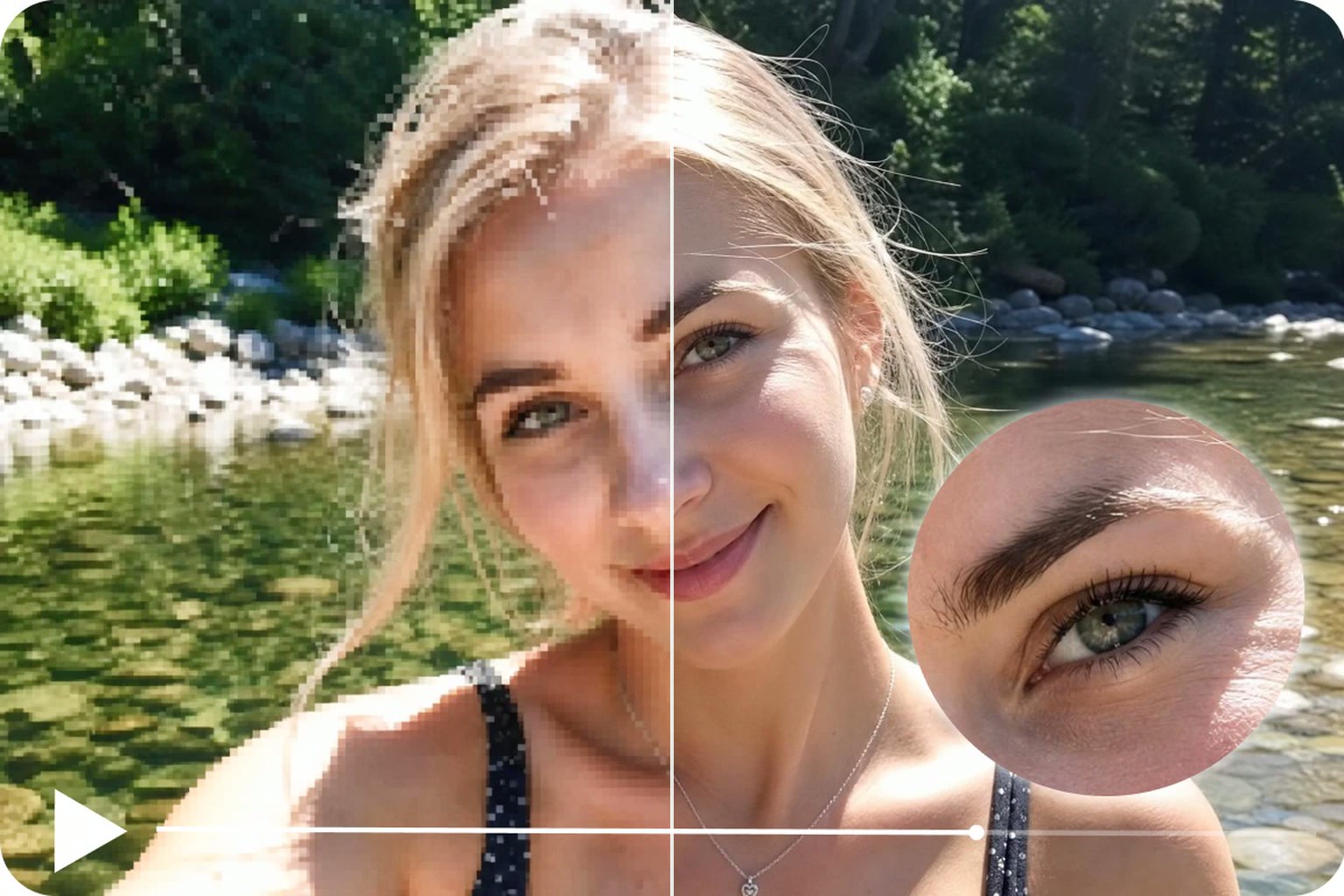 Illustrative outdoor portrait comparison with a close-up of the eye and clearer detail on the right