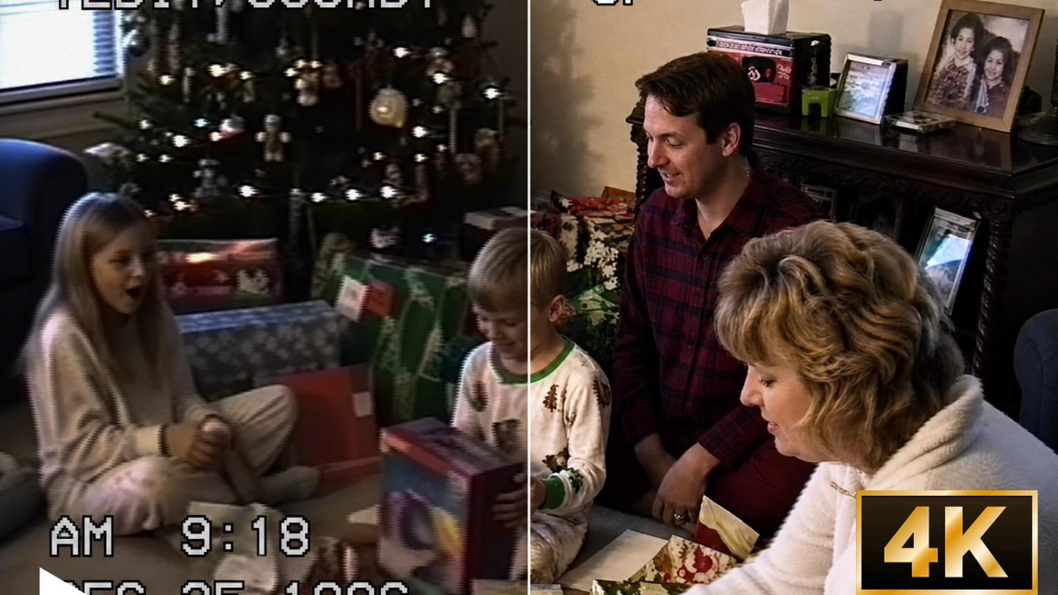 Illustrative comparison of a family Christmas recording, with a softer left side and a clearer right side